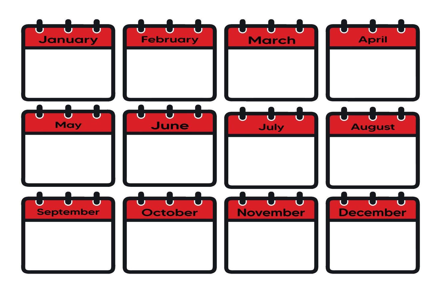 set of calendar icons. Calendar icons, red and white, minimalist design, grid layout, twelve months, blank date spaces, flat graphic style, organized arrangement, time management concept, schedule vector