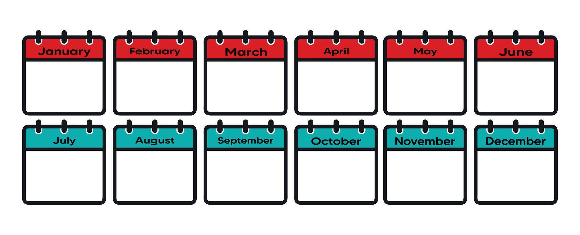Calendar icons, monthly layout, simplified design, teal and red color scheme, minimalist illustration, digital planner, time management concept, organizational tool, flat graphic design vector