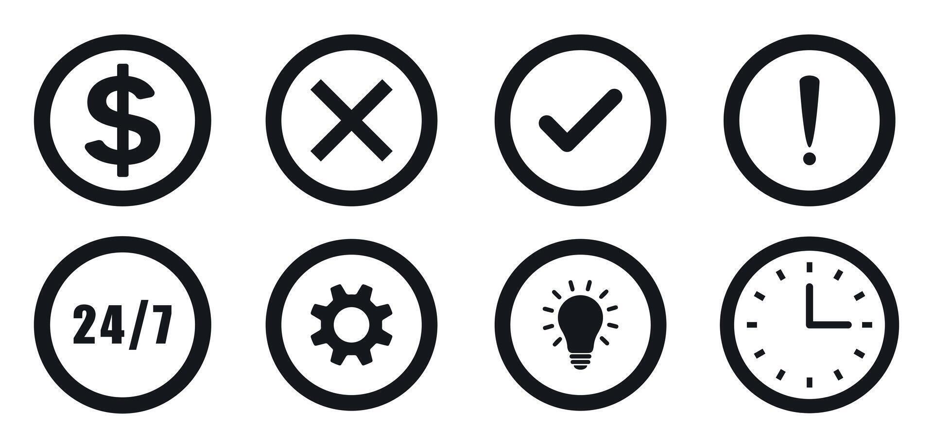 calendar icon. black and white check mark, clock, gear, dollar, bulb icon set silhouette. calendar website element icons vector