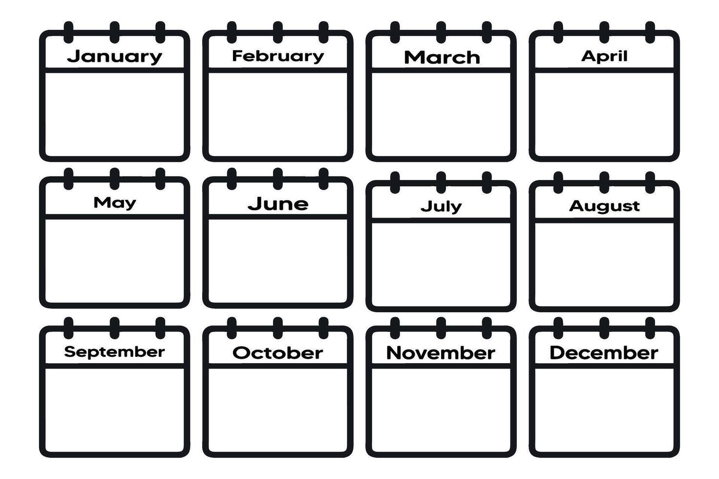 Calendar template, minimalist design, monthly layout, black and white, clean lines, simple icons, organizational tool, planner pages, year at a glance, bullet journal style on white background vector
