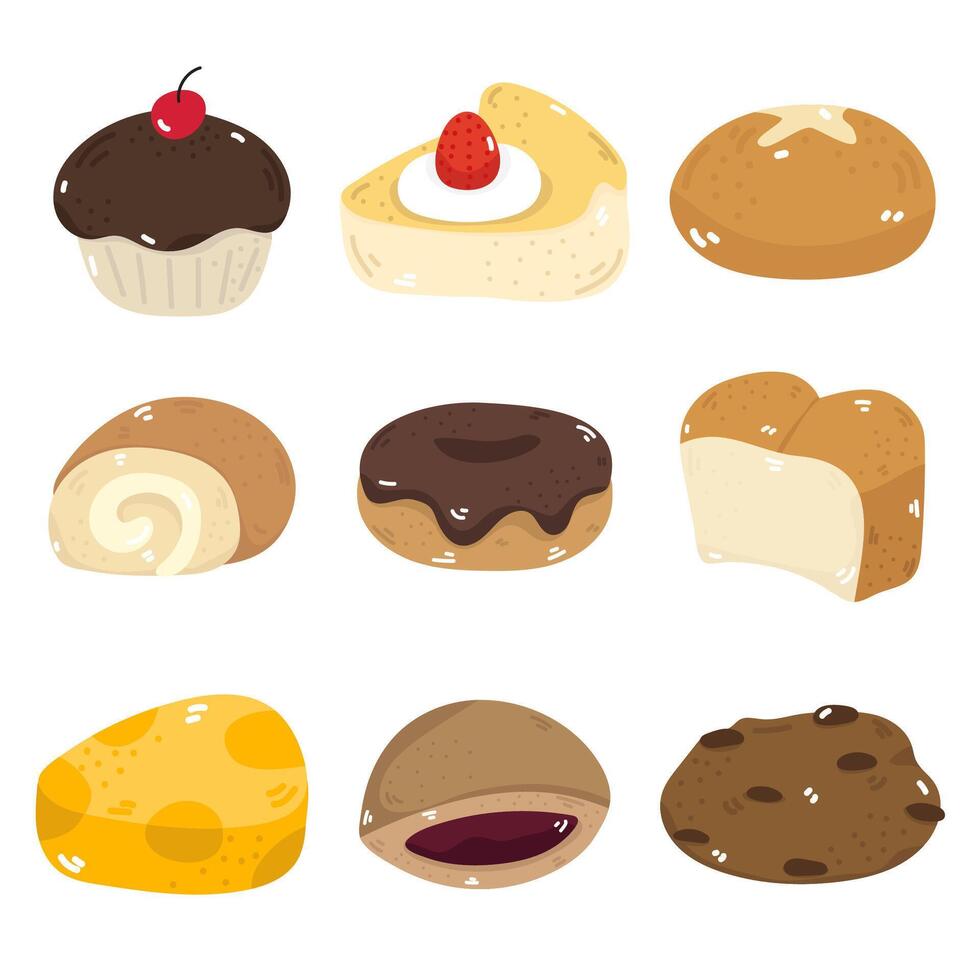 Illustration set of desserts and bakery items. Such as cakes, bread. Separate background. vector