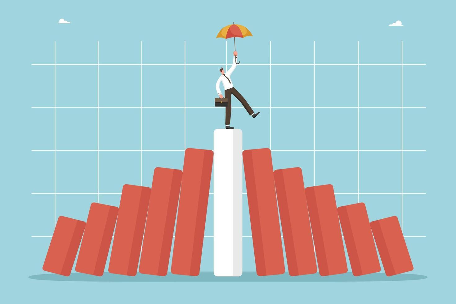 Man with umbrella stays on top of falling chart vector