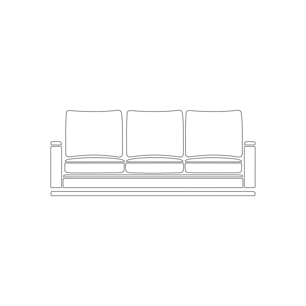 Line art drawing of a threeseater sofa with cushions and armrests vector