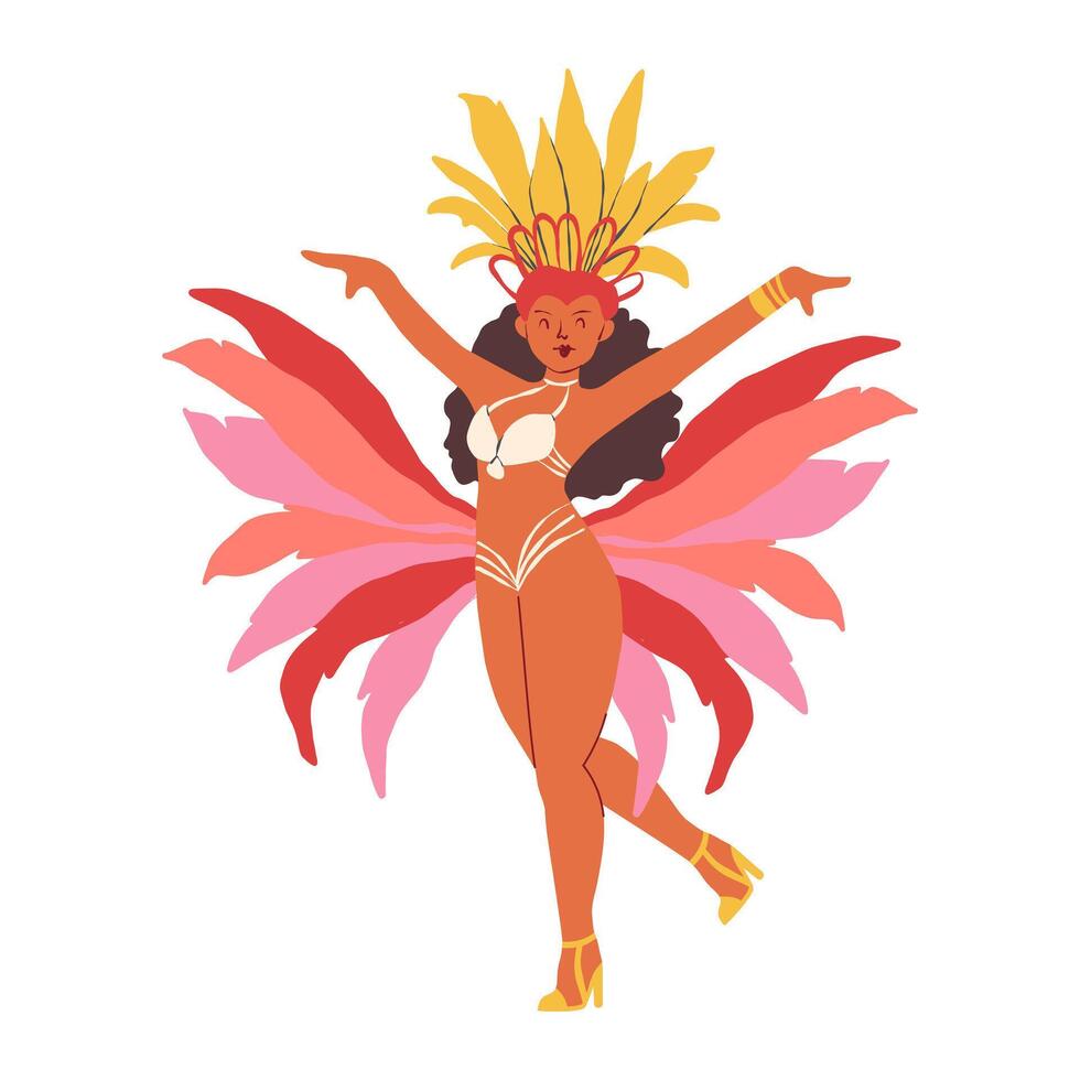 Girl in a feathered costume dances samba at a Brazilian carnival vector