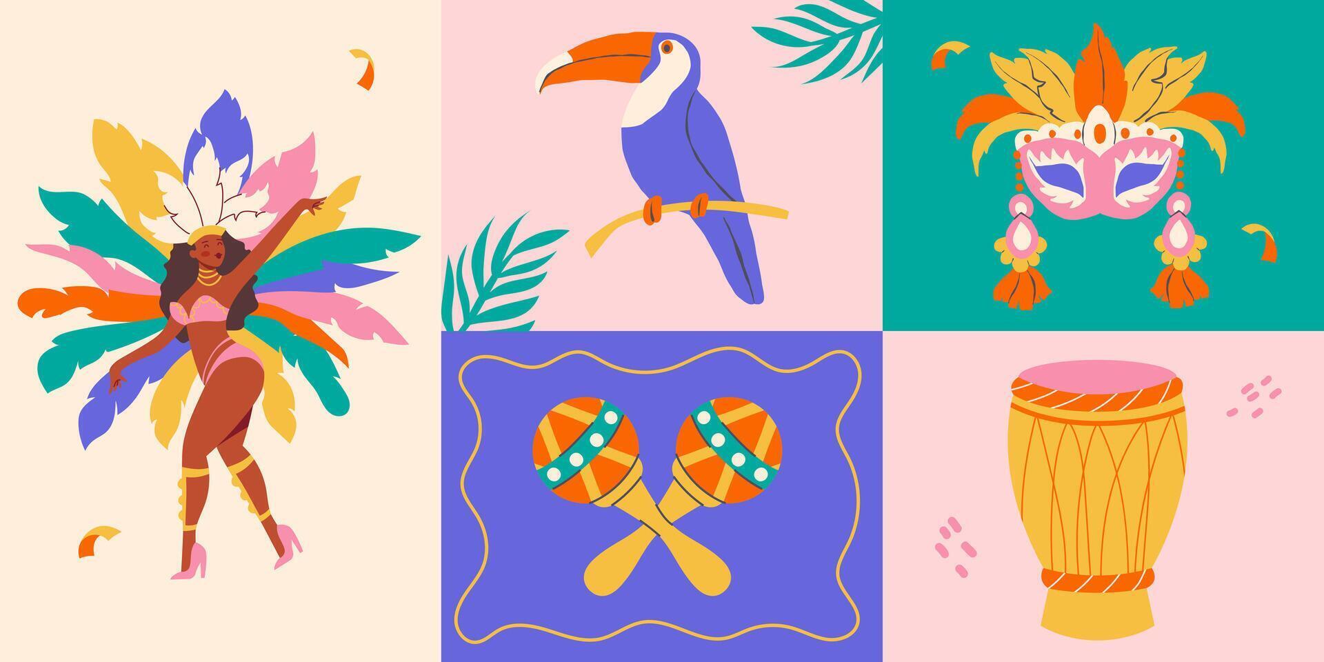 Brazilian carnival horizontal banner in flat style. Modern geometric background vector