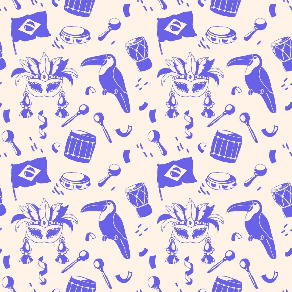 Brazilian Carnival seamless pattern with hand drawn carnival masks, musical instruments vector