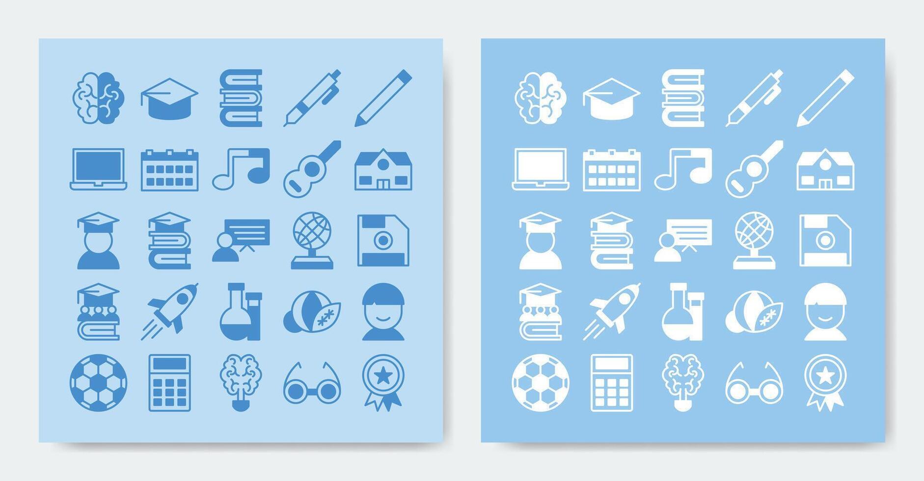 education and school icon set. Containing badge, book, boy, brain, calculator, date, education and more vector