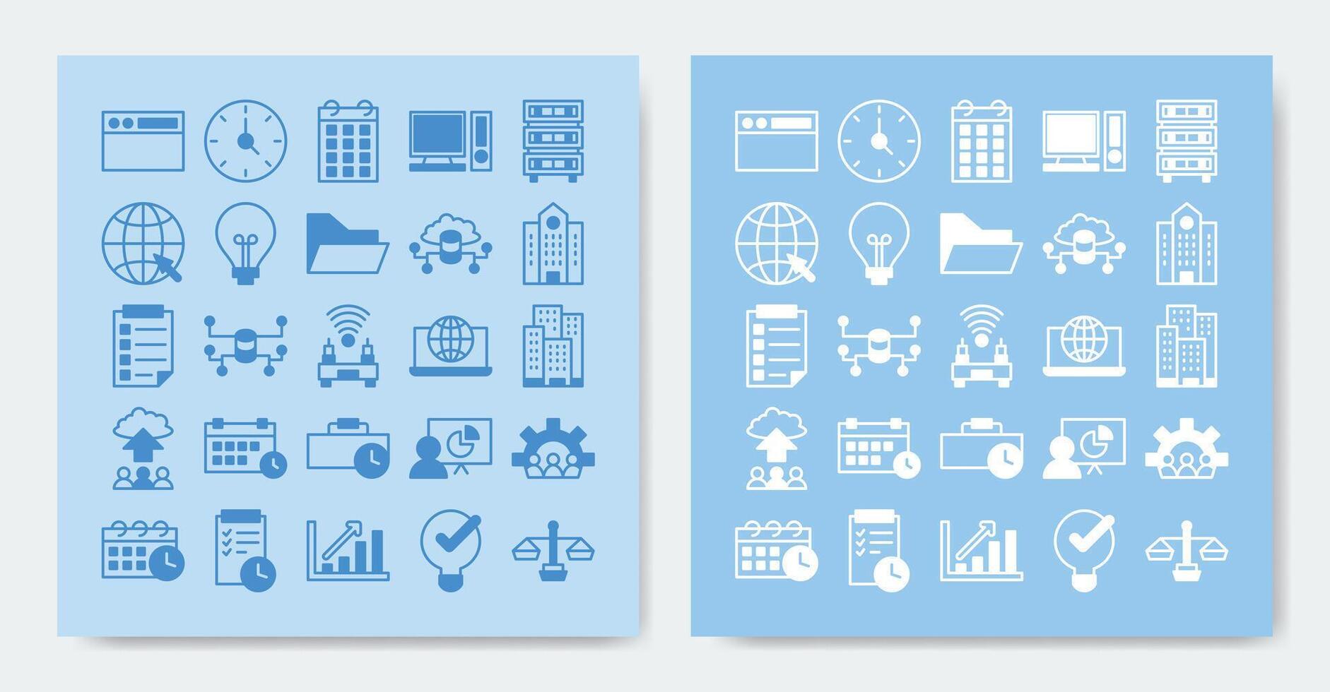 office icons set containing calendar, clients, cloud, company, computer network, computer and more vector