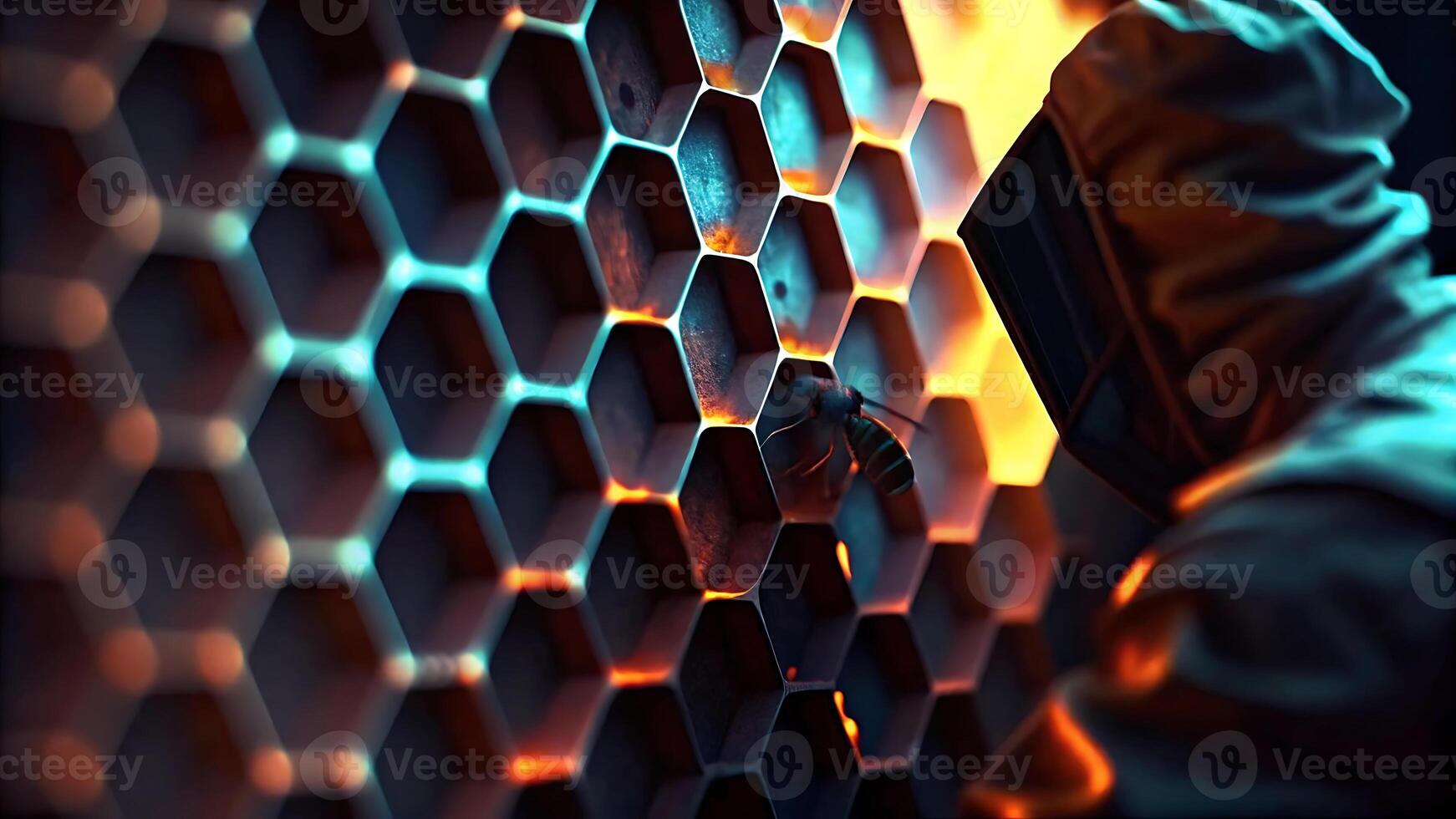 4K Abstract Hexagonal Background High Resolution Futuristic Design with Glowing Honeycomb Pattern a person in a hoodie is standing in front of a hexagon pattern photo