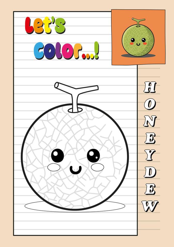 Let's color honeydew fruit with cartoon eyes and smile illustration vector