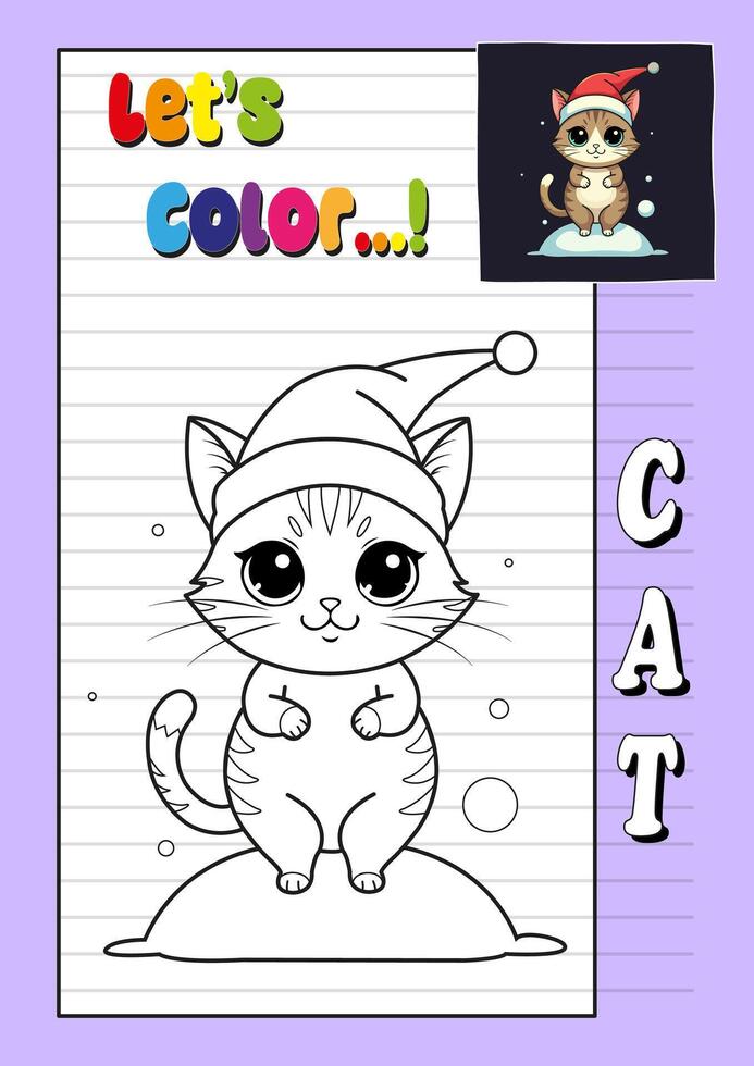 A cat in a santa hat is shown on a notebook page vector