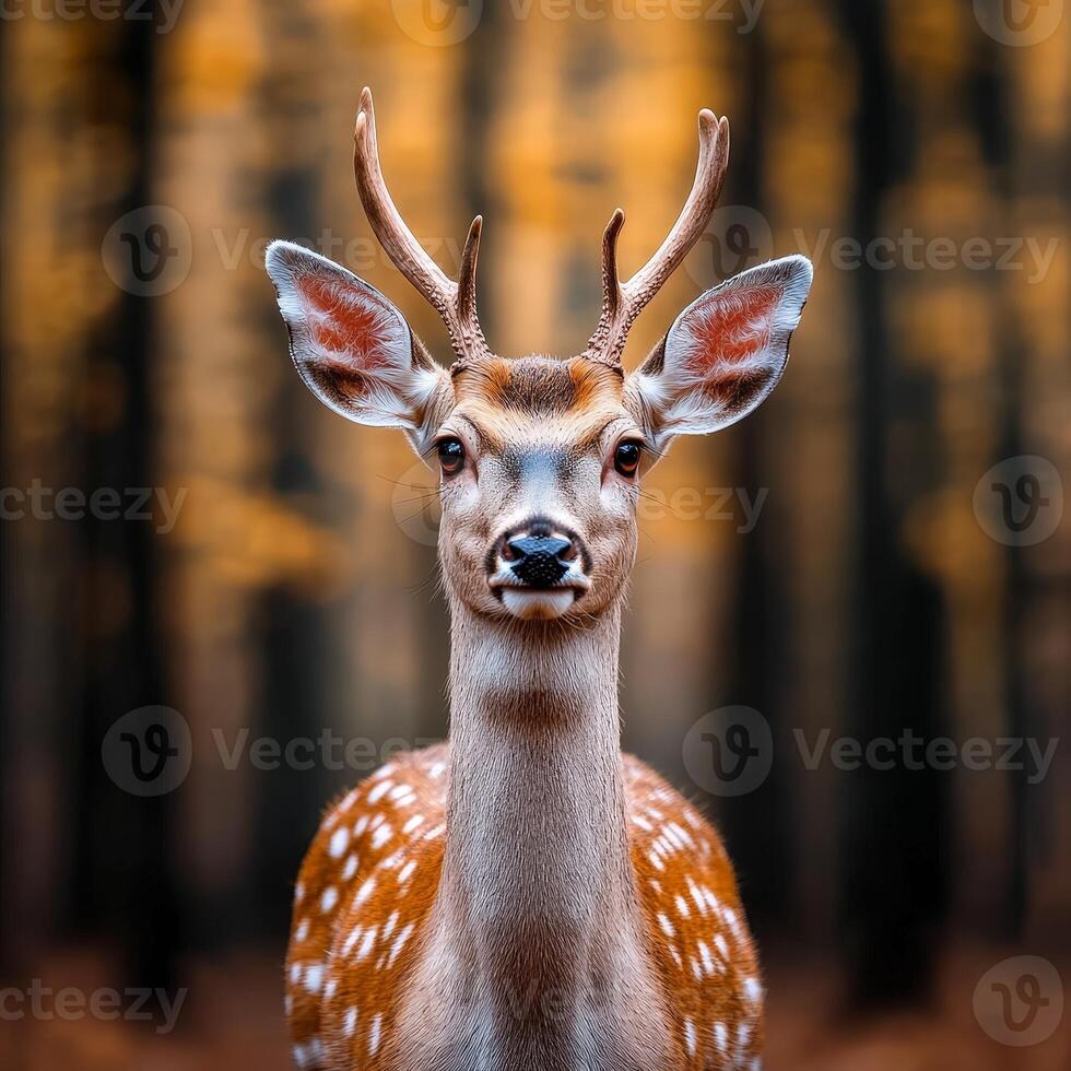 A deer with big horns standing in the woods photo