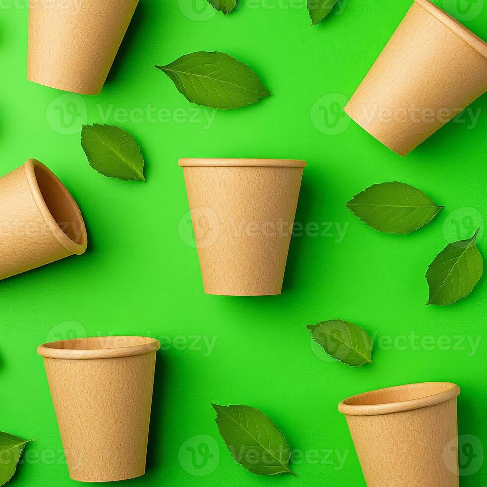 Paper cups with leaves on green background photo
