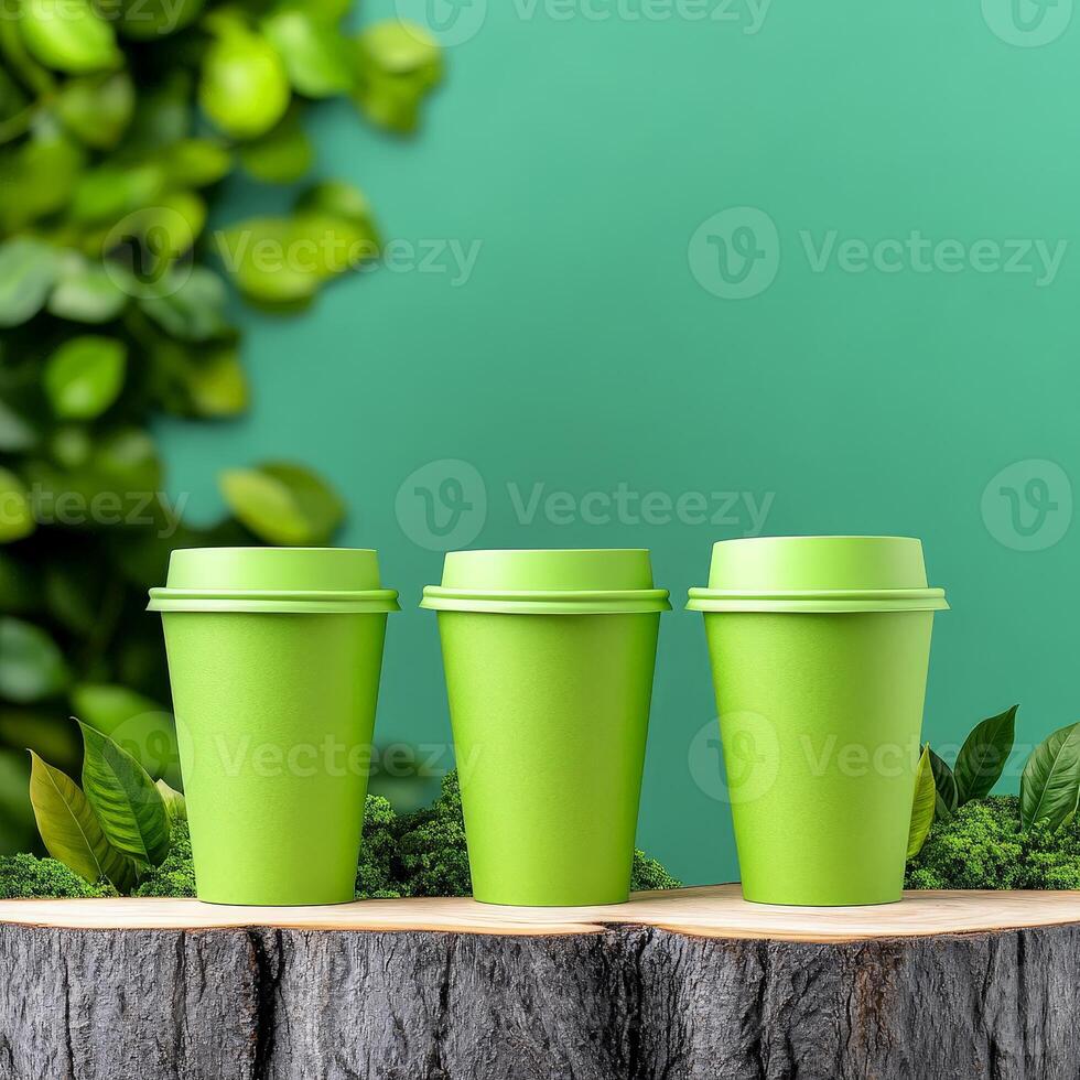 Three green disposable coffee cups on a wooden stump photo