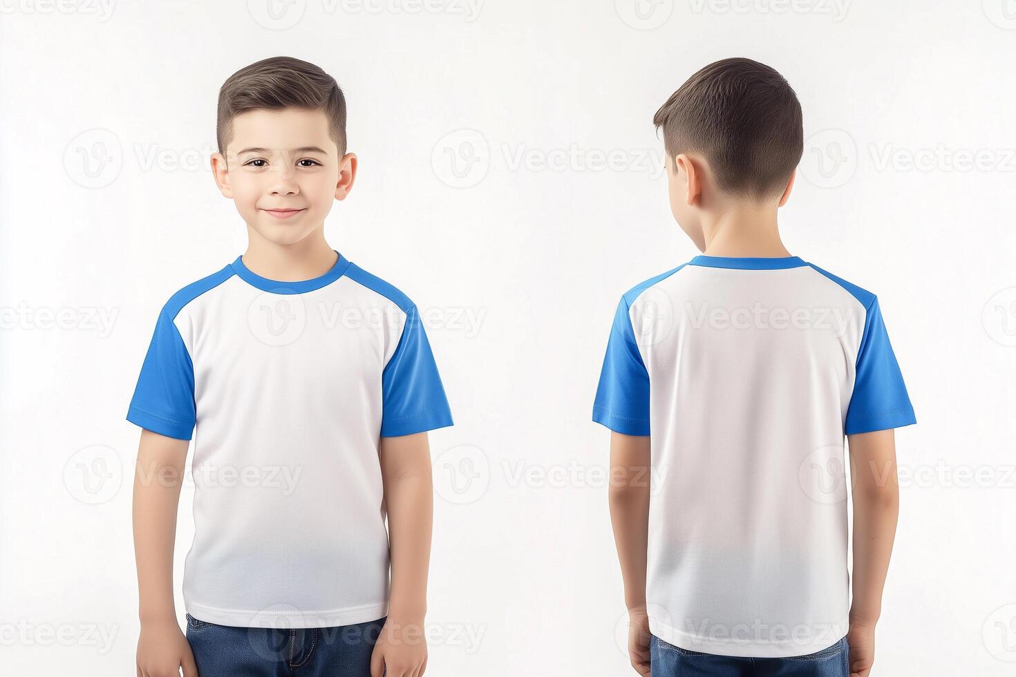 Playful Vibes in a Blue and White Raglan Tee Modeled by a Boy, Front and Back View photo