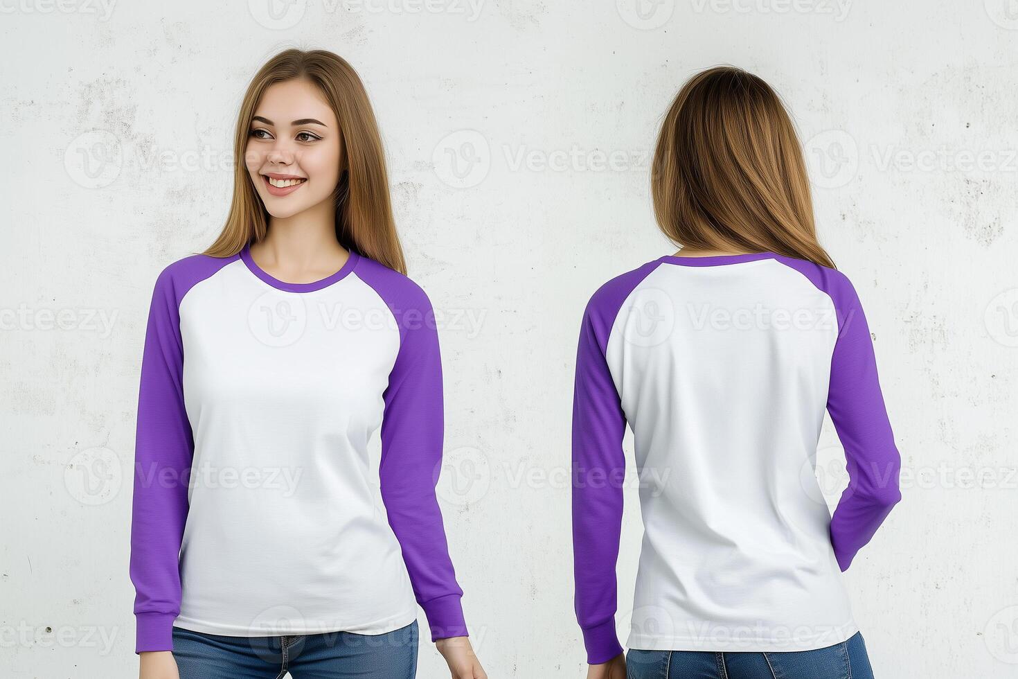 Simple and Trendy, Purple-Sleeved Raglan Shirt Modeled by a Woman photo