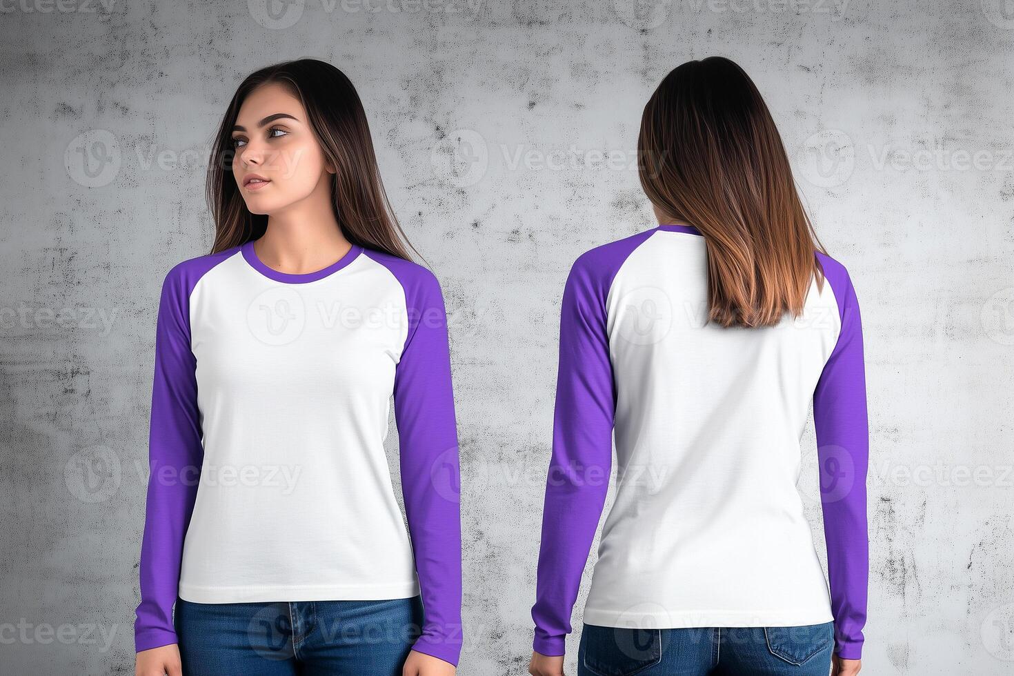 Classic Raglan Look, Women's White Tee with Purple Sleeves photo