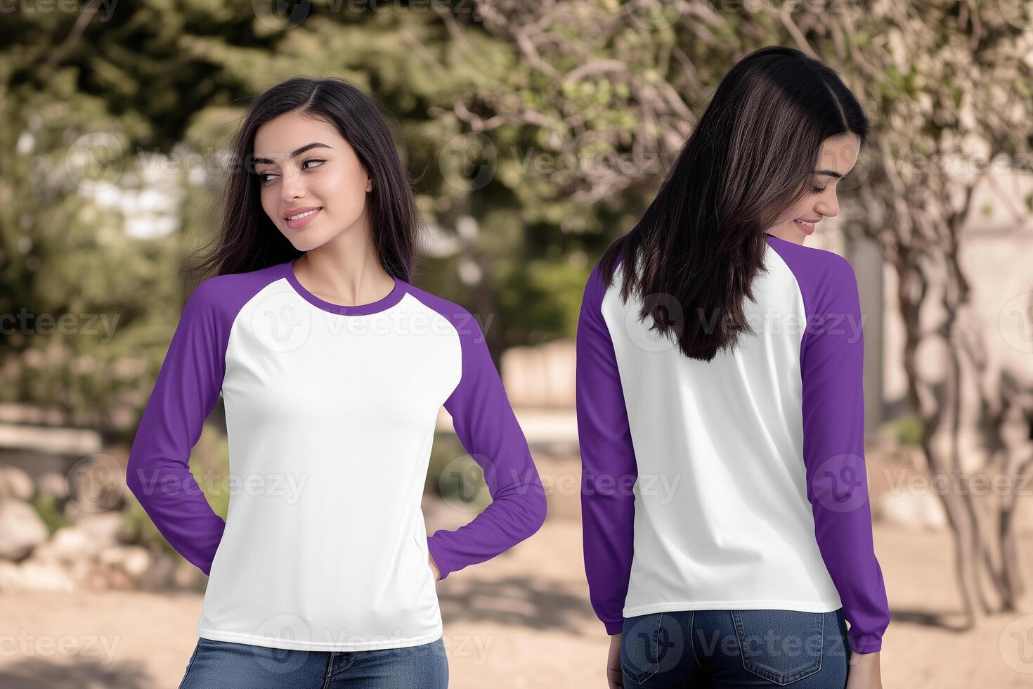Comfort Meets Style, Woman in a White and Purple Long-Sleeve Raglan Tee photo