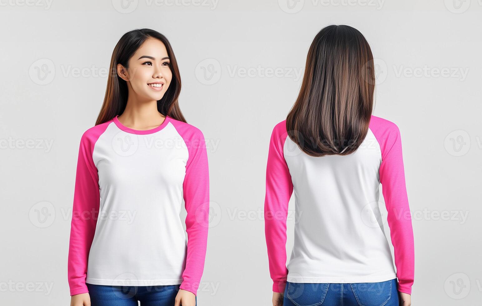 Women's White T-Shirt with Bright Pink Raglan Sleeves photo