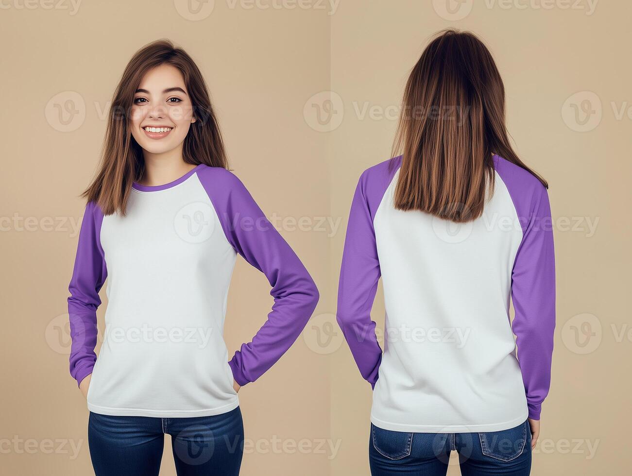 Woman in a White Raglan Shirt with Purple Sleeves, Front and Back View photo