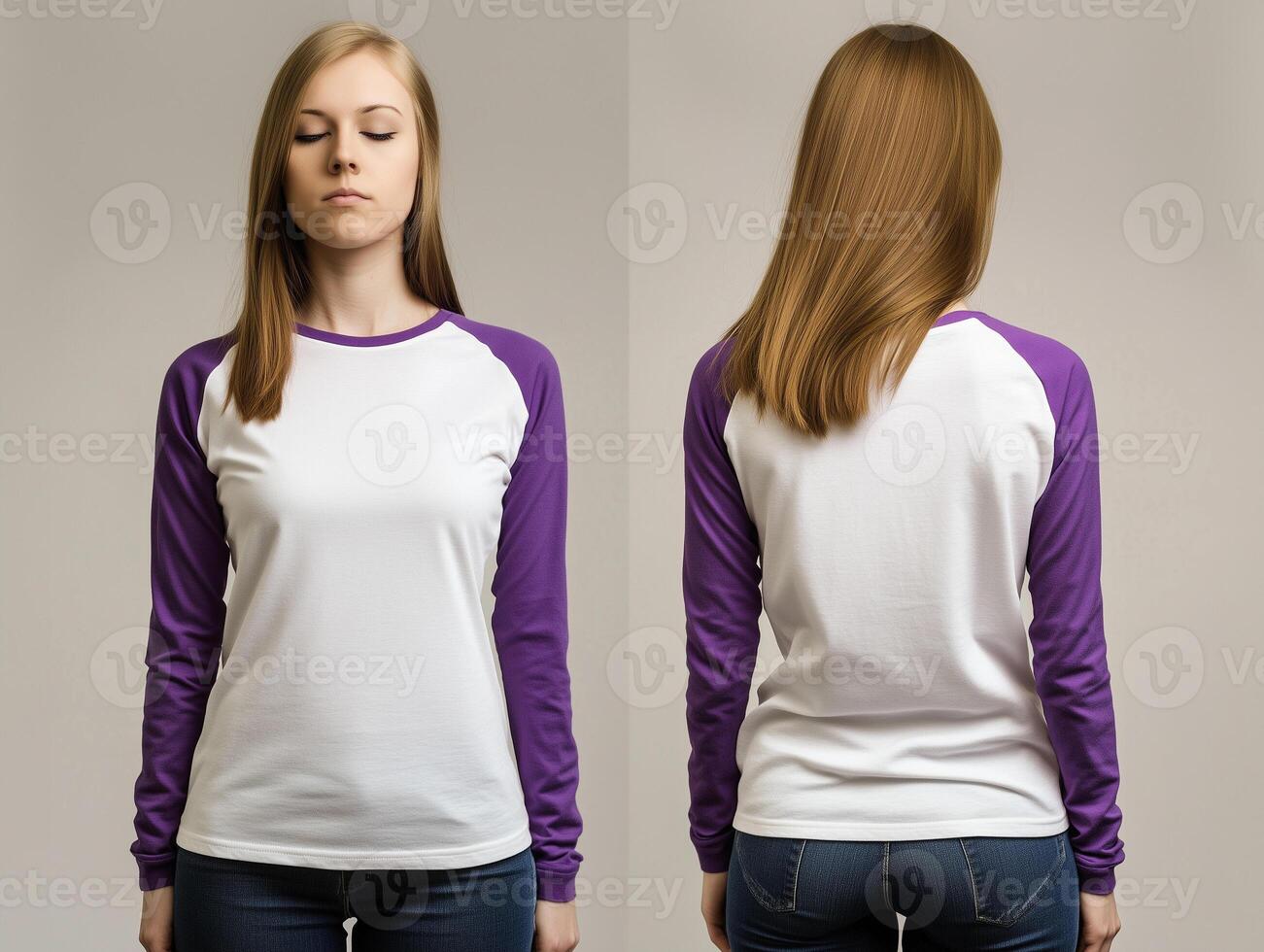 Female Model Wearing a White Shirt with Purple Long Sleeves photo