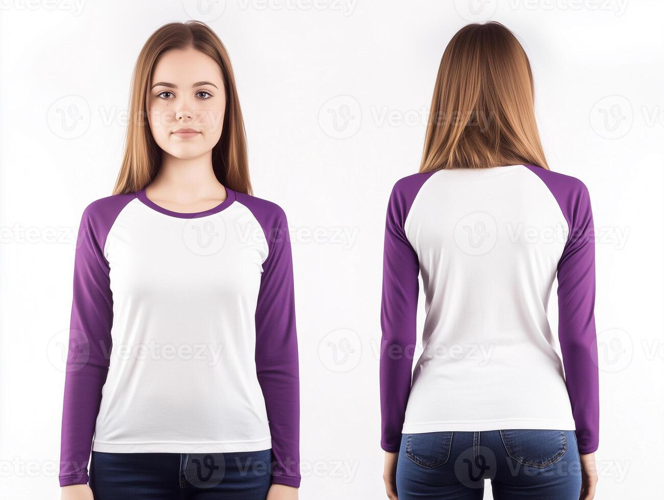 Versatile Raglan Style, Purple and White Shirt Worn by a Woman photo