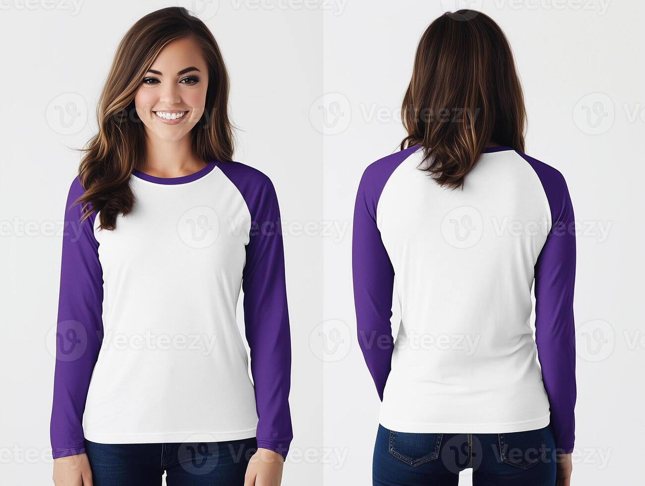 woman wearing a white and purple long-sleeve raglan t-shirt mockup front and back views, isolated on a white background photo