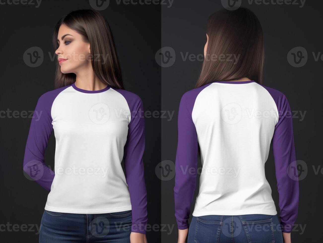 Modern Women's Outfit, White Raglan Shirt with Purple Sleeves photo