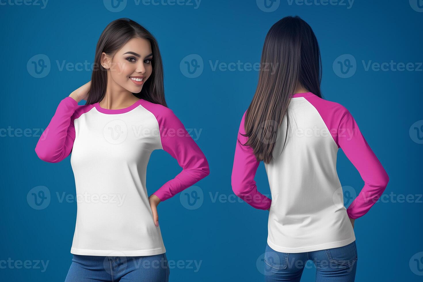 Women's White and Pink Long-Sleeve Raglan Shirt Front and Back View photo