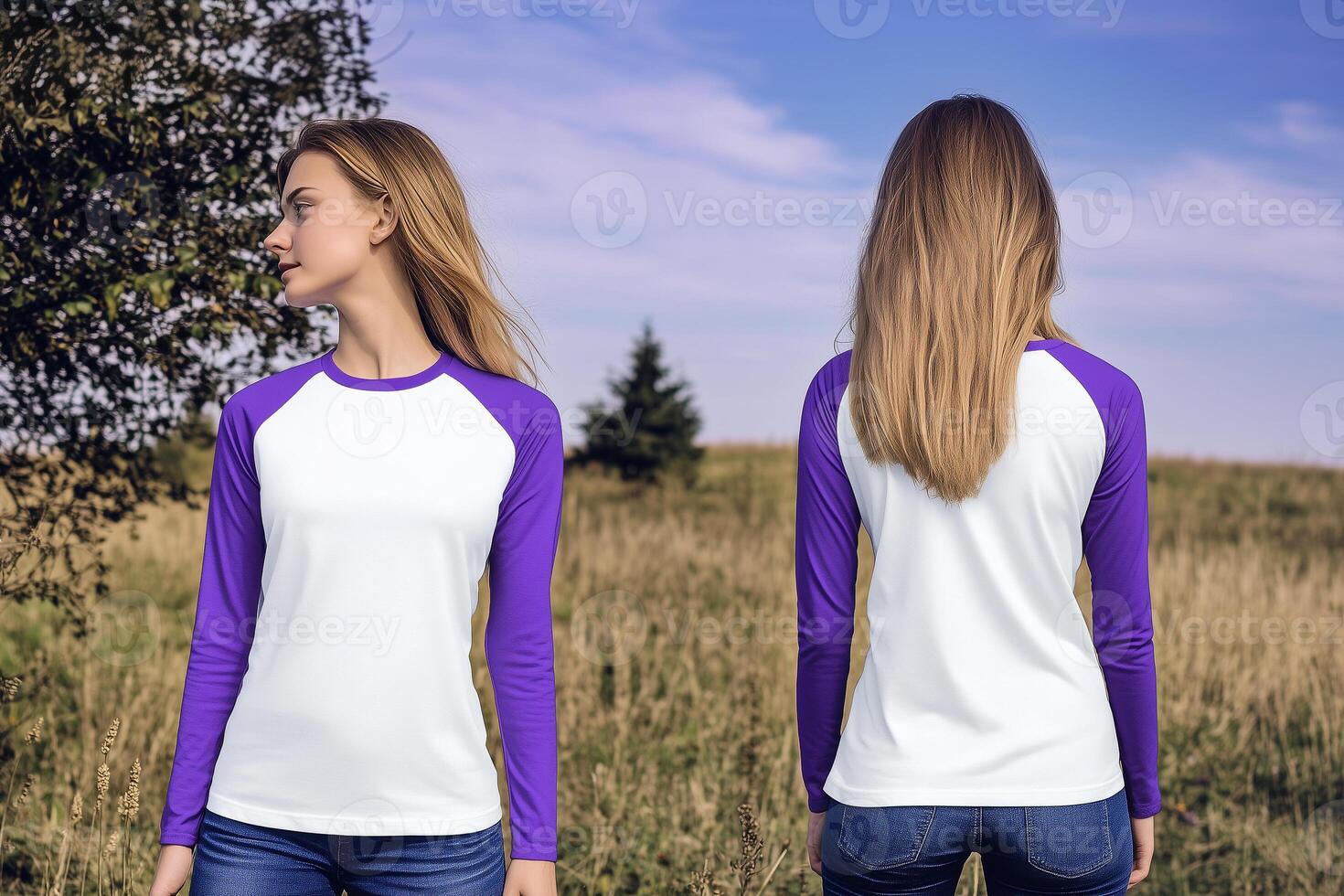 Woman Showcasing a Comfortable White and Purple Raglan Shirt photo