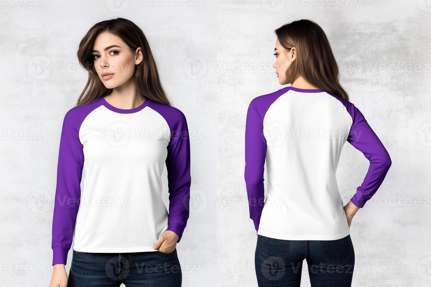 Front and Back View of a Women's White and Purple Long-Sleeve Shirt photo