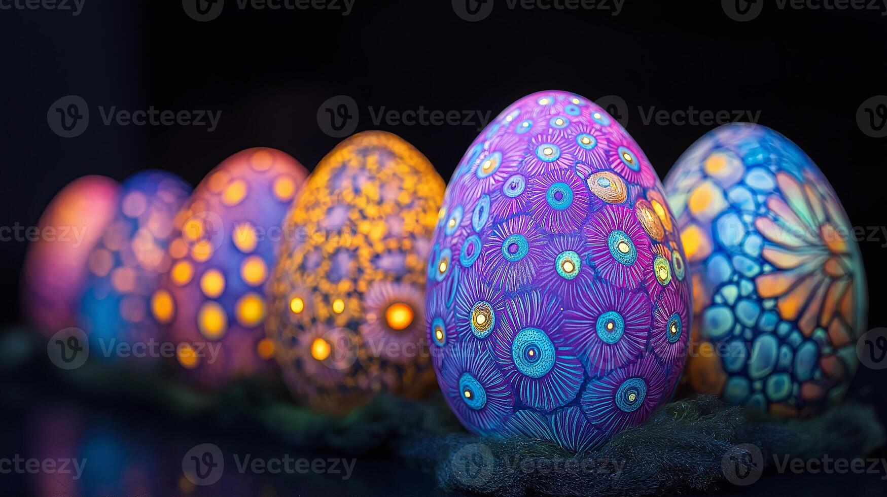 A collection of beautifully decorated Easter eggs with intricate glowing patterns, set against a dark background. photo