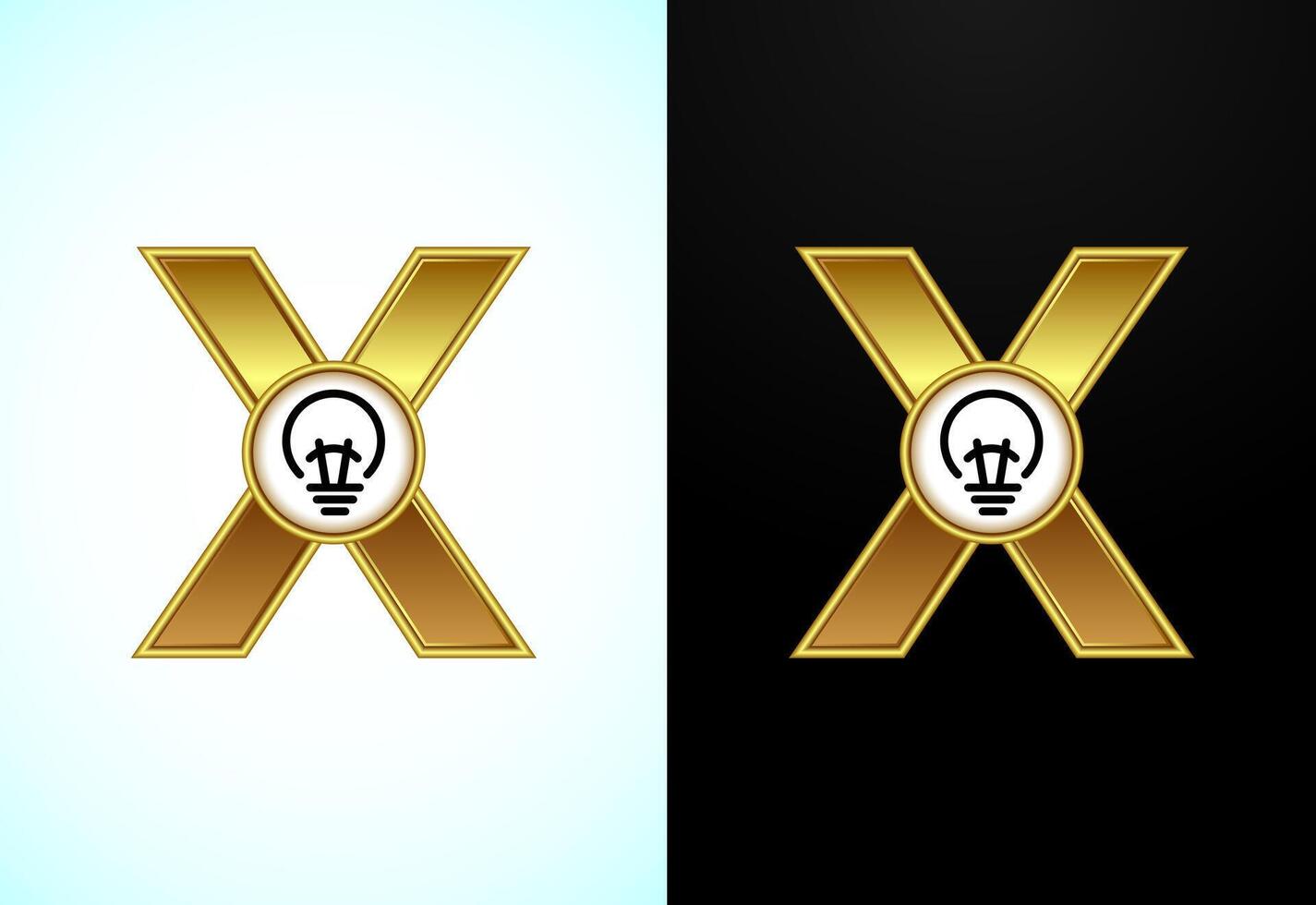 English letter X with electric bulb in gold color, Creative idea logo concept vector