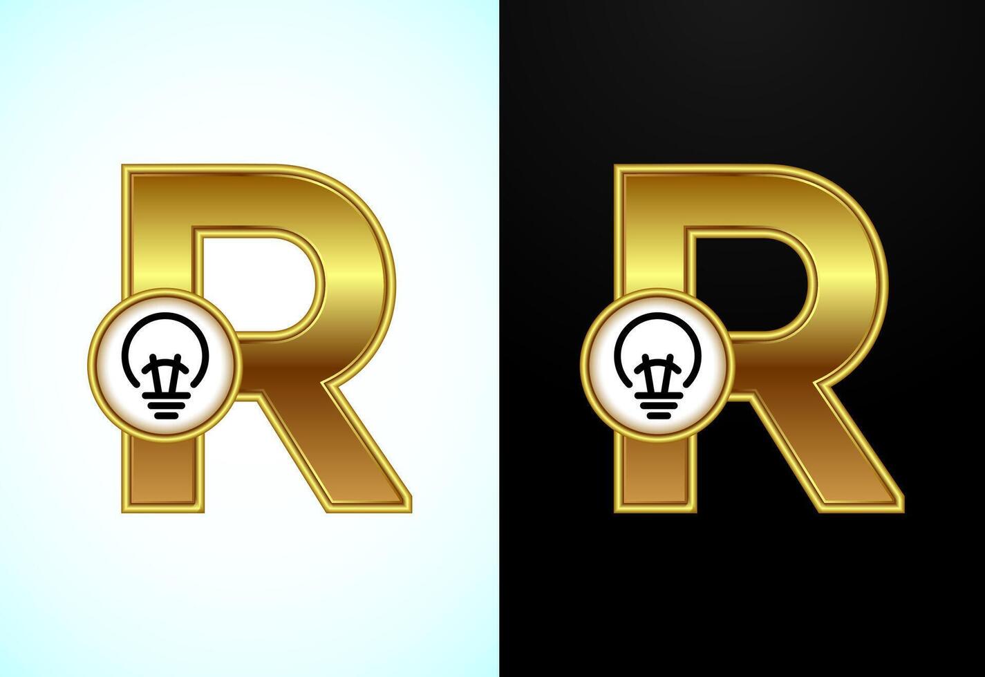 English letter R with electric bulb in gold color, Creative idea logo concept vector