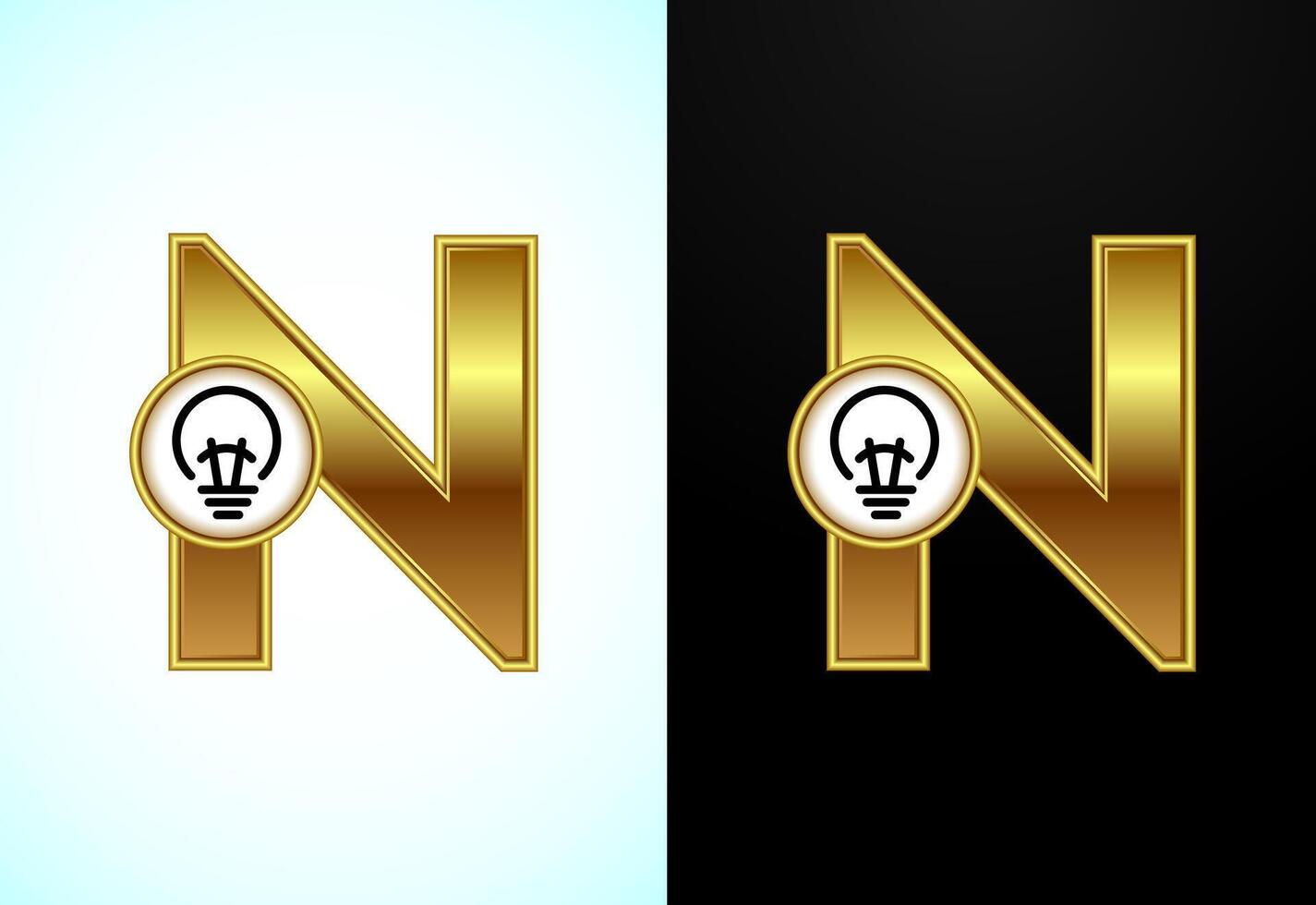 English letter N with electric bulb in gold color, Creative idea logo concept vector