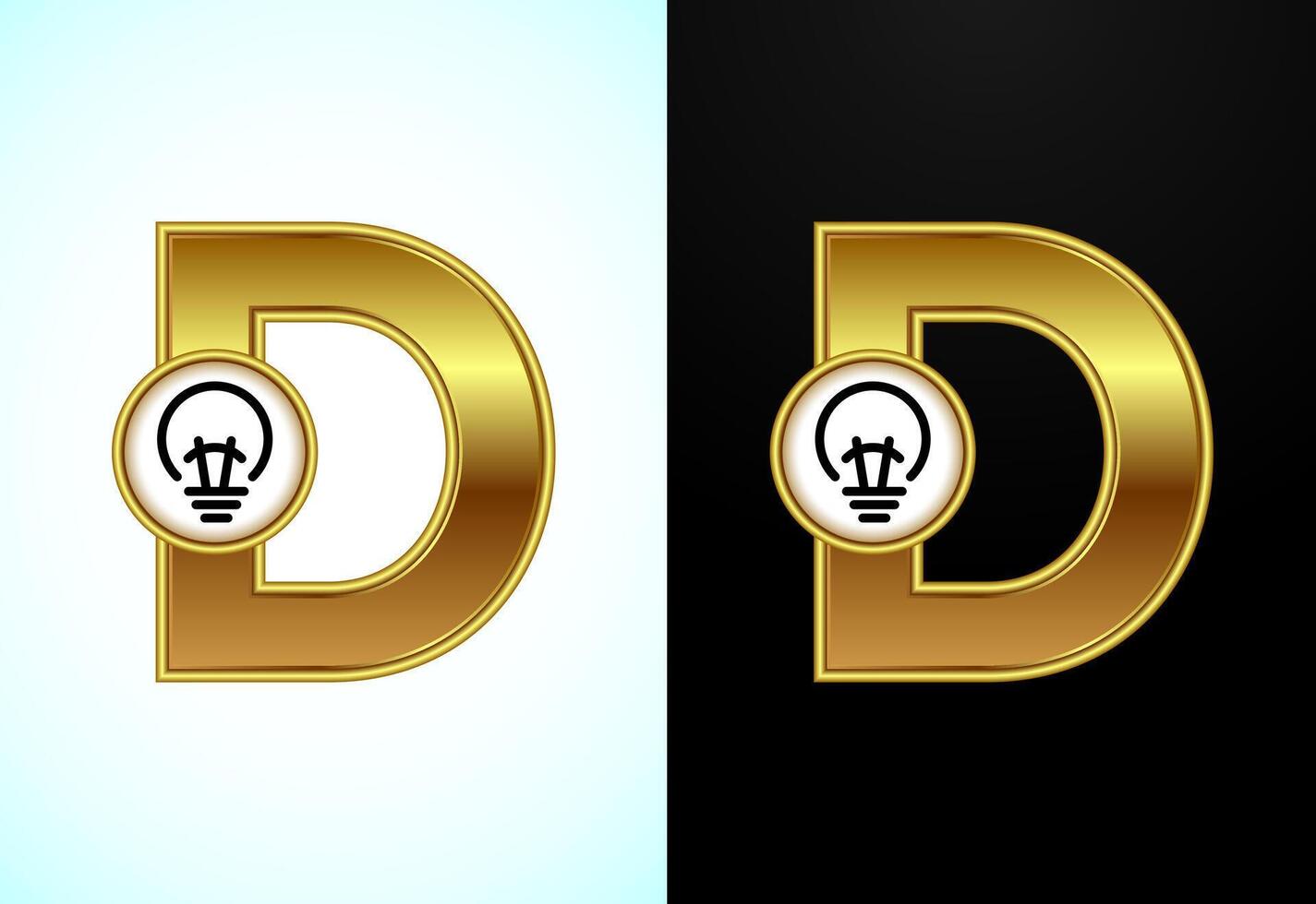 English letter D with electric bulb in gold color, Creative idea logo concept vector