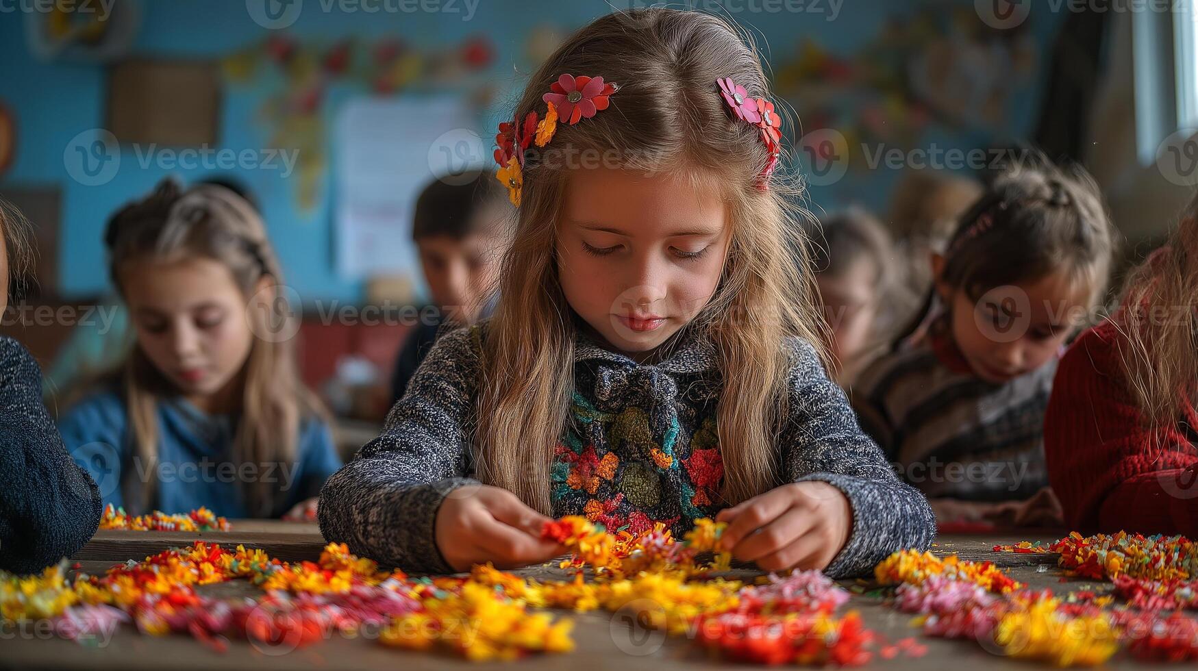 A classroom of Moldovan children joyfully crafting Martisor decorations, embracing their cultural heritage and creativity. photo