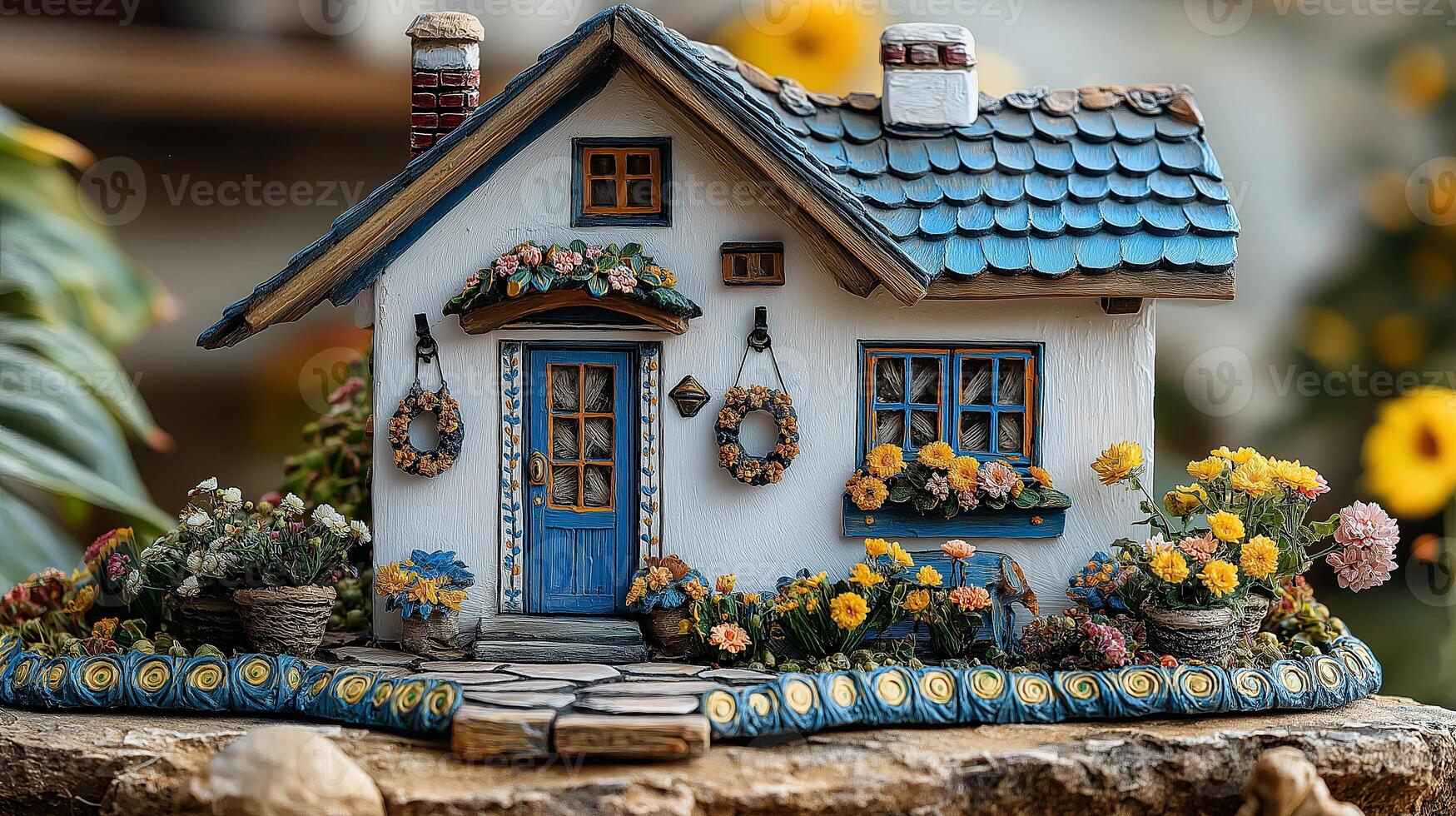 A charming miniature Moldovan house surrounded by colorful flowers, representing rural culture and traditional Moldovan architecture. photo