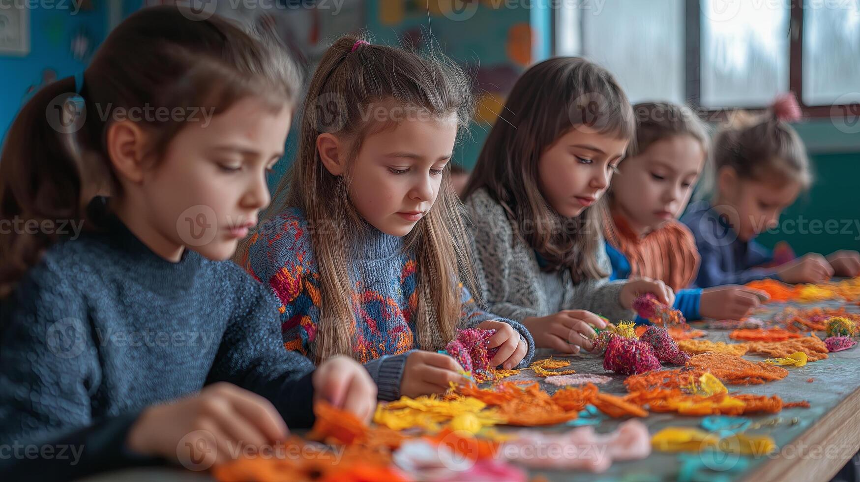 Moldovan children sitting at a table in a classroom, crafting Martisor decorations and learning about their cultural traditions. photo