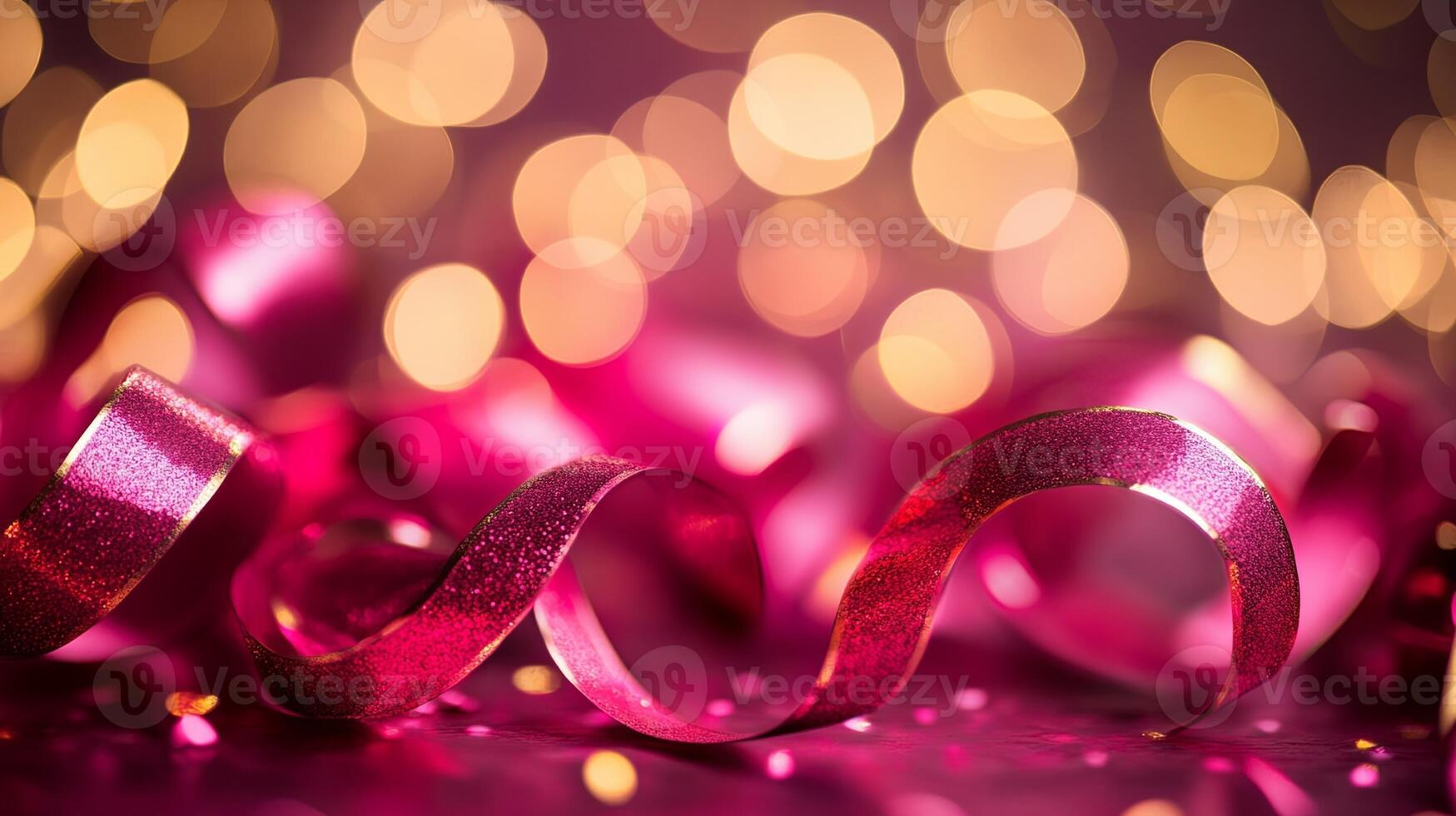 Pink ribbon with festive bokeh lights photo