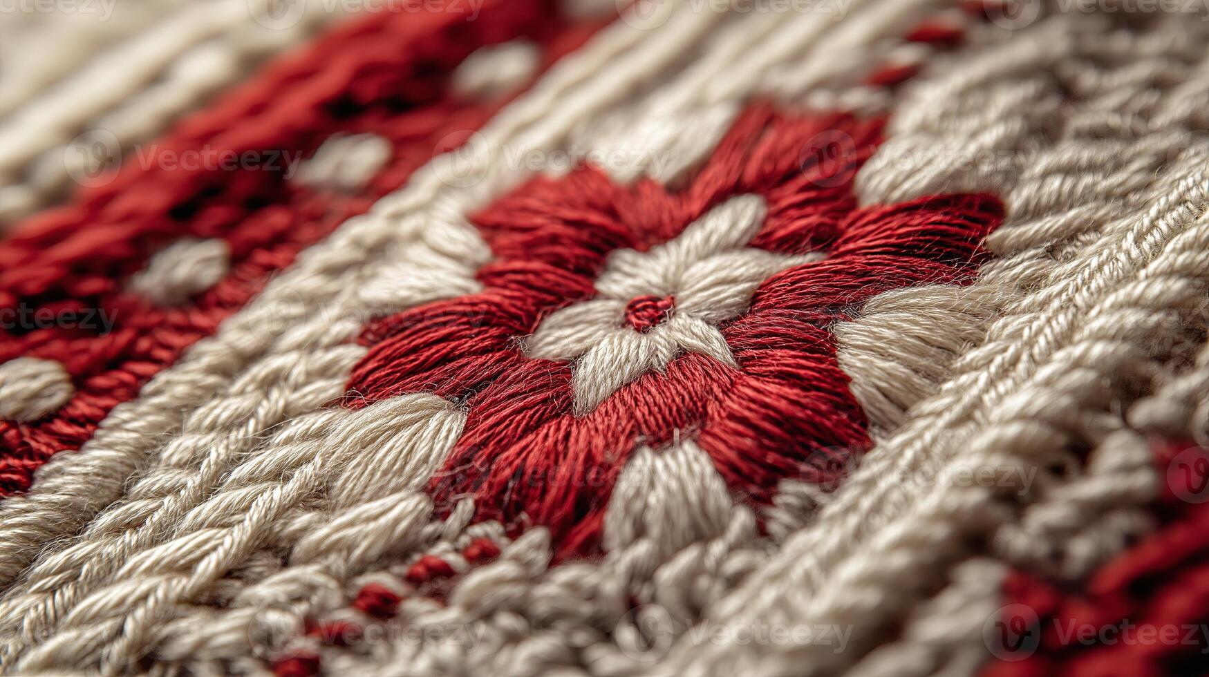 A detailed close-up of a traditional Martisor decoration in red and white threads, symbolizing spring and renewal, a beloved tradition in Moldova. photo