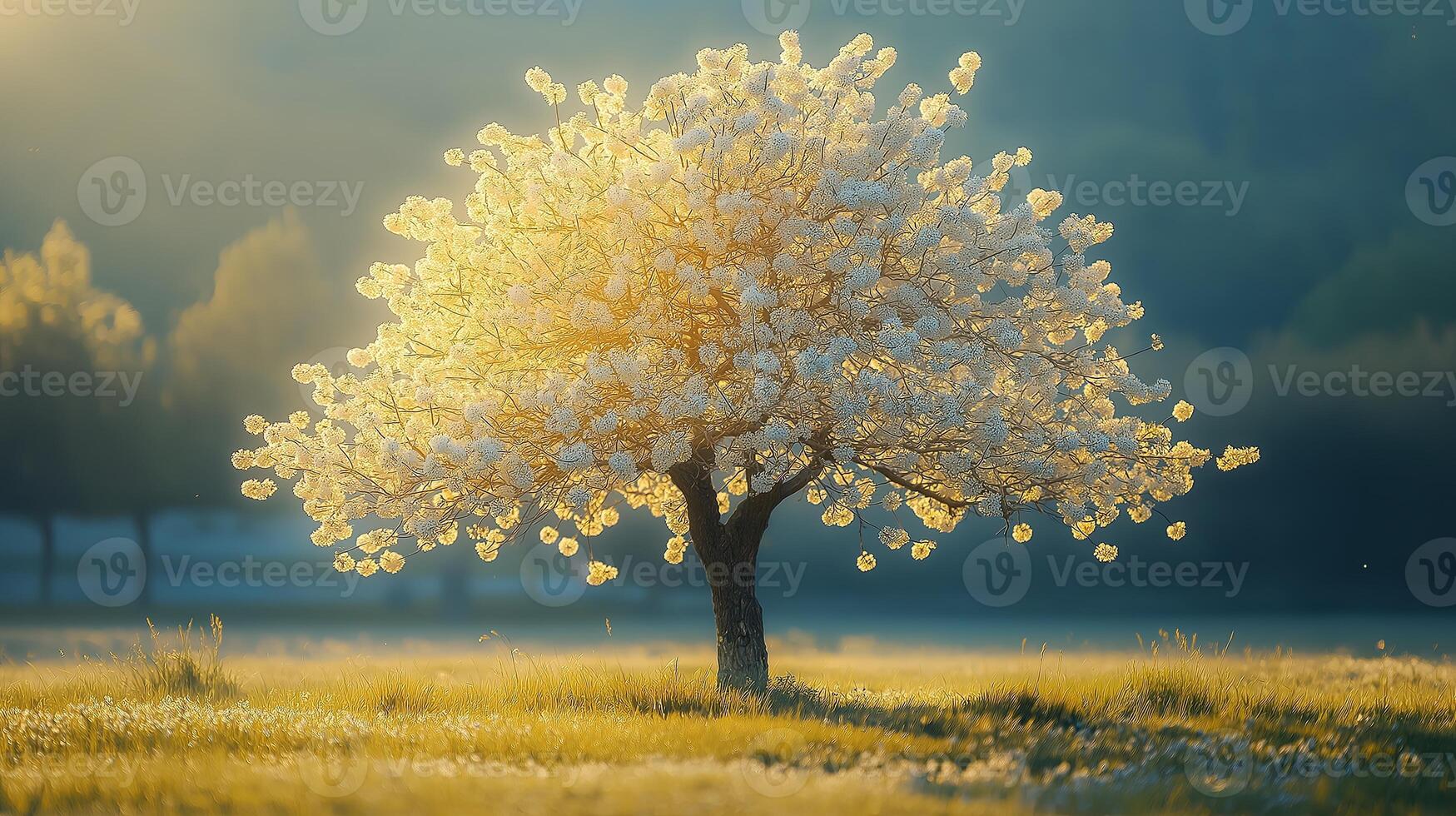 A magnificent blossoming cherry tree in full bloom, standing in a peaceful Moldovan landscape during springtime. photo