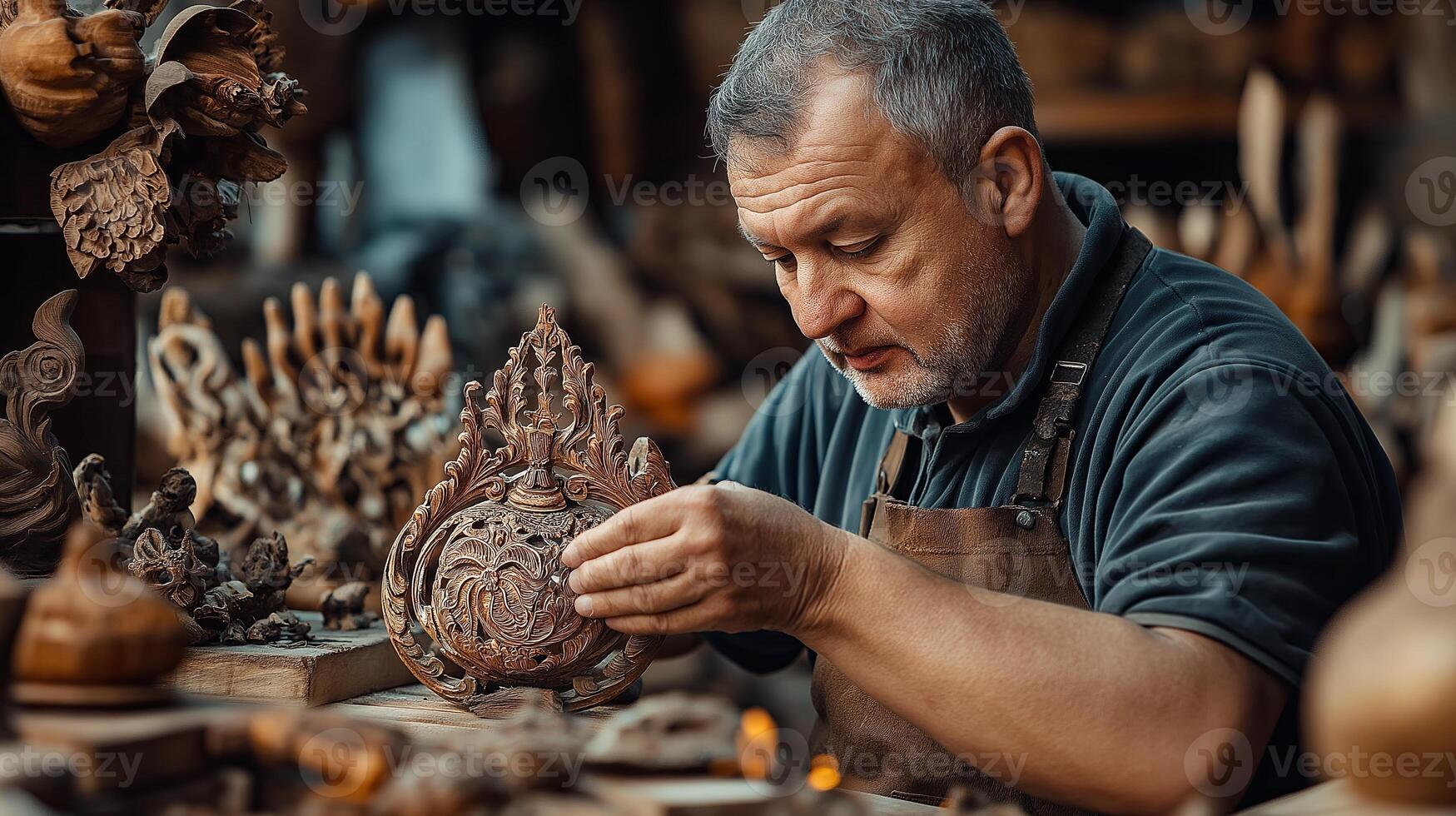An artisan in Moldova skillfully working on an intricate wooden carving, showcasing traditional craftsmanship and cultural heritage. photo