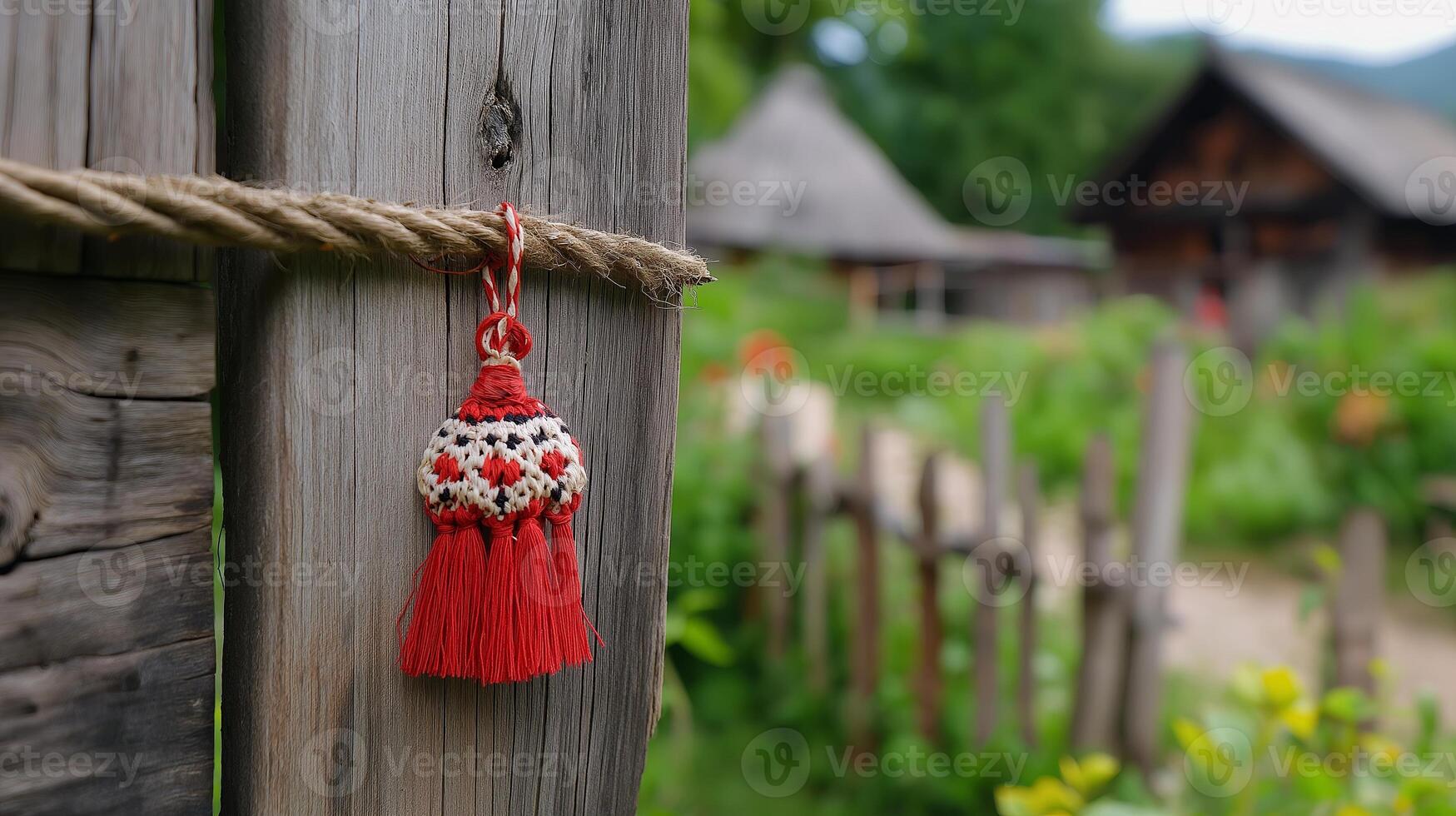 A handcrafted Martisor decoration in red and white threads displayed outdoors against a lush green backdrop, celebrating Moldovan spring traditions. photo