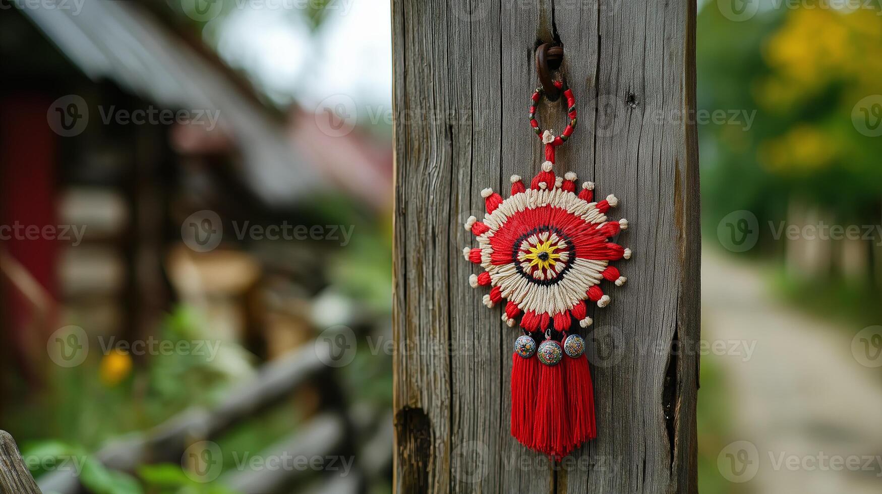 A traditional Martisor decoration hanging on a rustic wooden fence, symbolizing Moldovan cultural heritage and the arrival of spring. photo