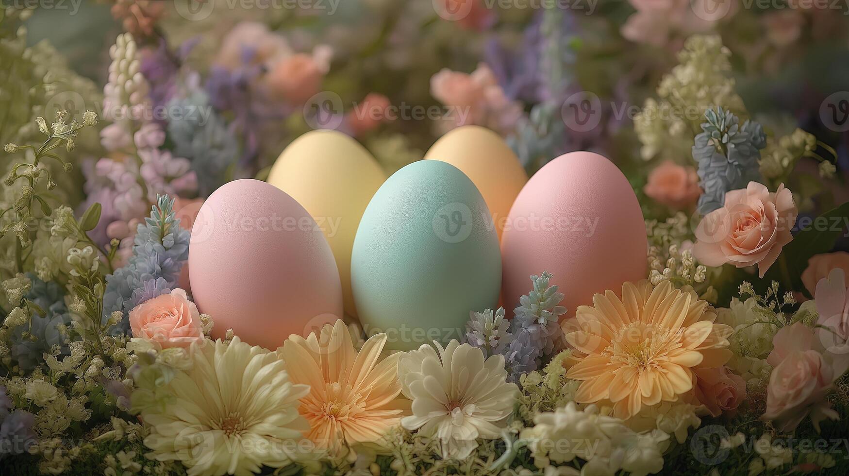 Easter eggs arranged among blooming spring flowers and soft greenery, creating a serene festive scene. Easter celebration and spring concept. photo