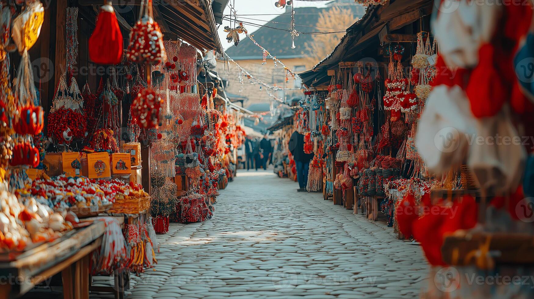A vibrant spring market in Moldova, showcasing Martisor decorations, colorful handmade crafts, and festive spirit. photo