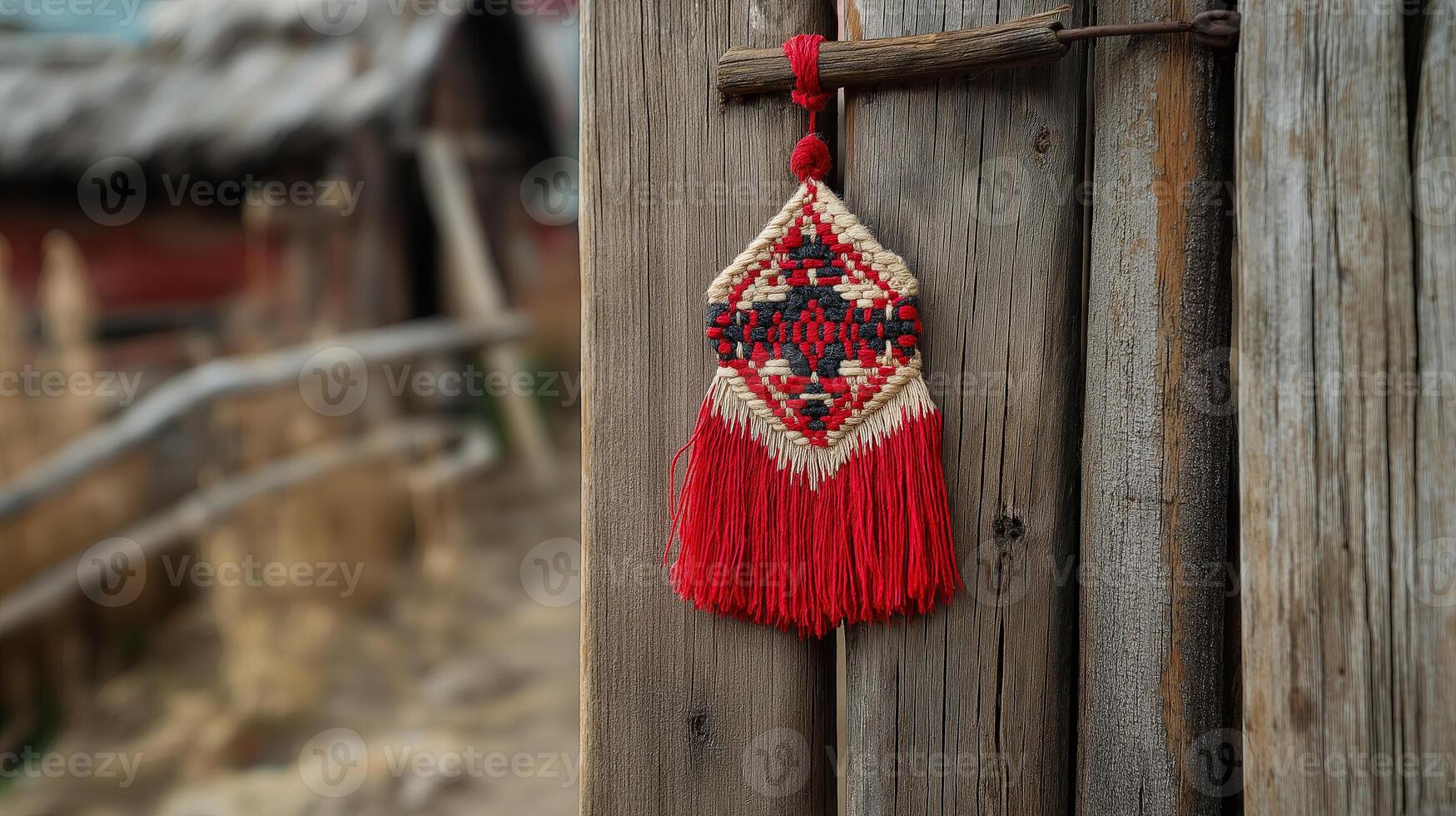 A handmade Martisor decoration hanging on a wooden fence, celebrating Moldovan spring traditions and cultural heritage. photo