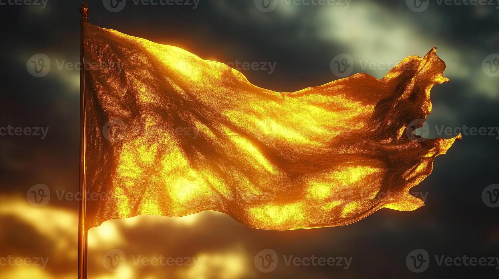Golden Sikh flag Nishan Sahib waving against a dramatic sky during a serene evening, symbolizing faith and spiritual unity. Vaisakhi celebration concept photo