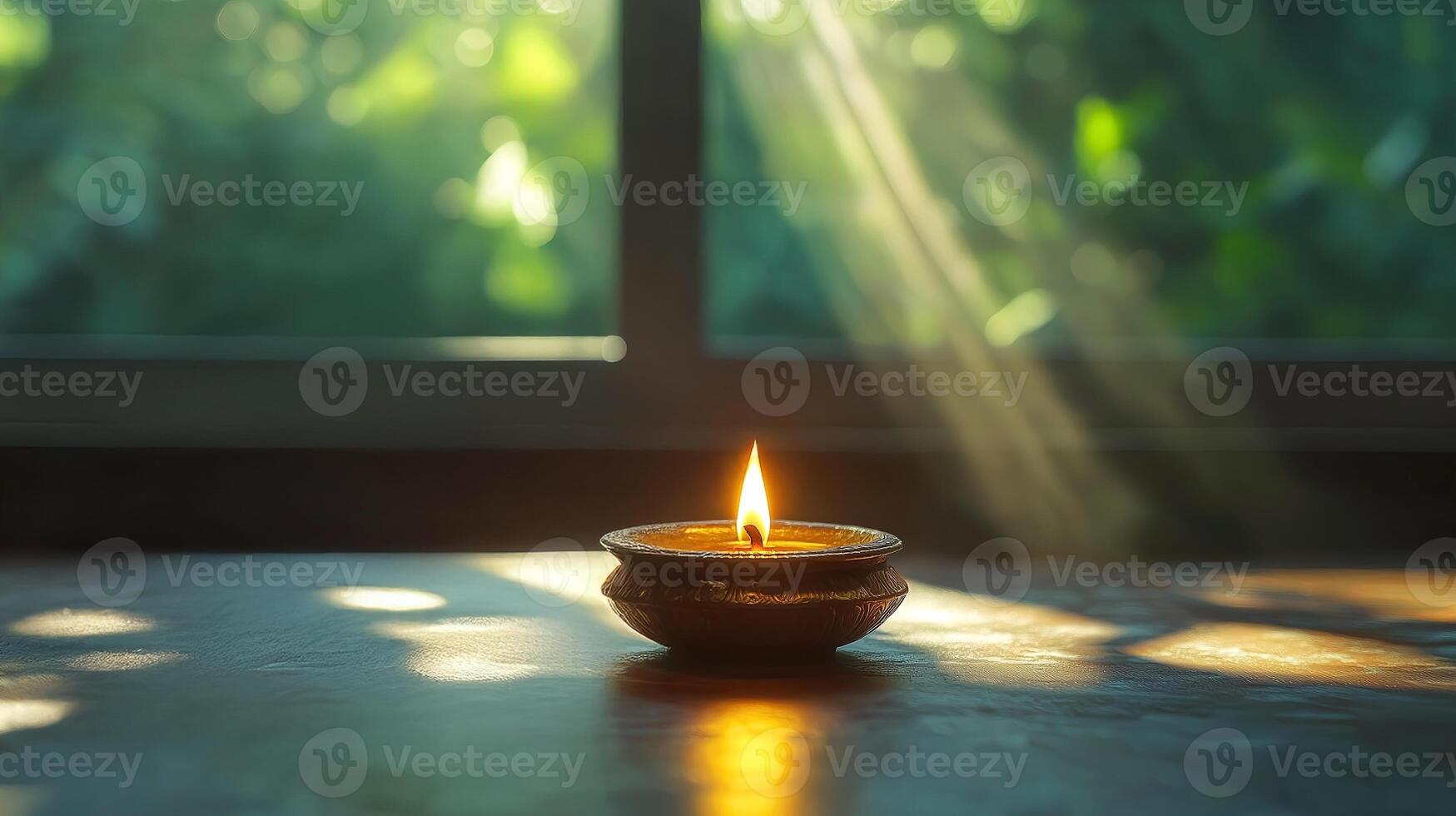 Diya lamp glowing by the window with sunlight, symbolizing divine blessings during Navaratri festival honoring goddess Durga photo